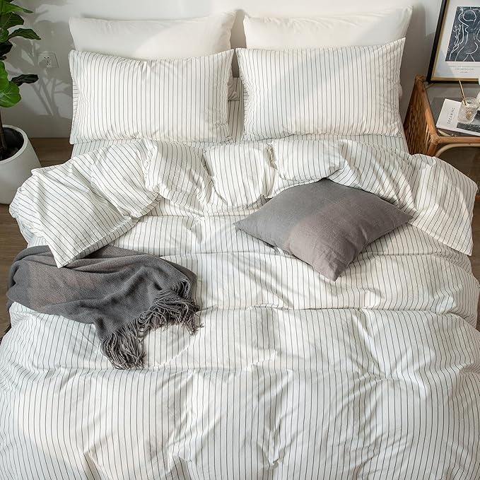MooMee Striped Duvet Cover Set 100% Washed Cotton Linen Like Textured Breathable Durable Soft Comfy (White Dark Grey Wide Stripes, Full 80"x90")