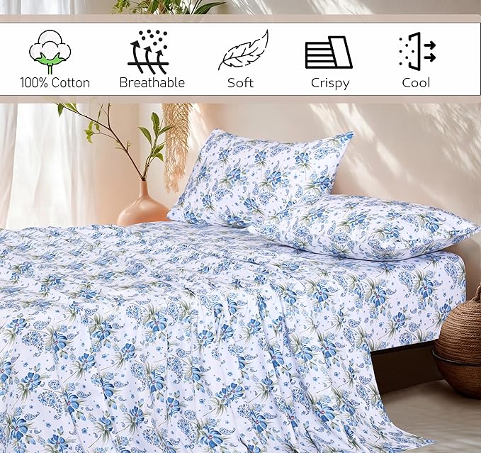 RUVANTI 100% Cotton Full Size Bed Sheets, 4 Pieces, Soft & Breathable Percale Weave Bedding, Deep Pocket 16", Hotel Standard, Crisp Cool Feel, Durable, Perfect Sheet Set Floral, Paislyona