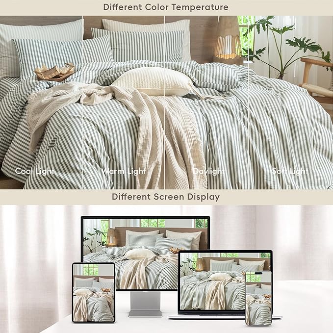 MooMee Striped Duvet Cover Set 100% Washed Cotton Linen Like Textured Breathable Durable Soft Comfy (Heathered Green Classic Stripes, King 104"x90")