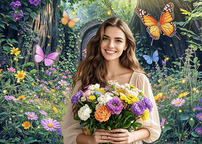 5X3ft Enchanted Forest Backdrop Fairy Enchanted Wonderland Garden Wooden Door Floral Butterfly Photography Background for Kids Girls Baby Shower Birthday Party Decoration Banner Booth Props