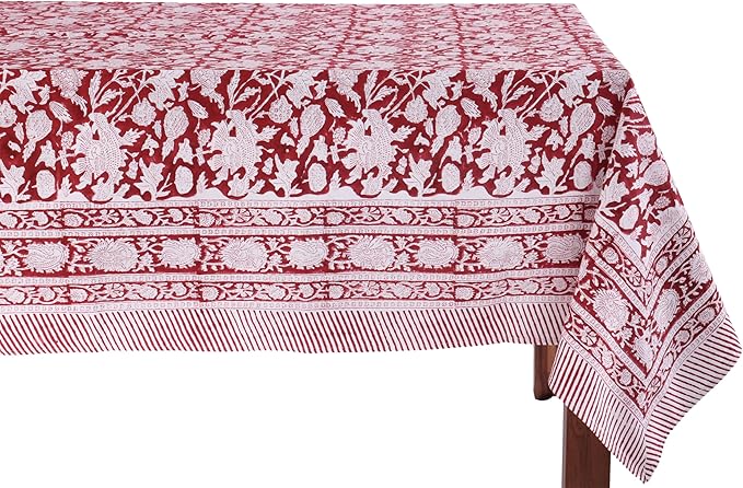 ATOSII Meraki Red 100% Cotton Tablecloth, Handblock Print Rectangle Table Cover for Kitchen Dining I Tabletop Linen I Thanksgiving, Christmas, Wedding, Fall Table Cloth 72 X 108 Inches I 8 Seater