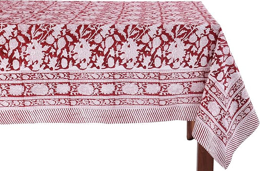 ATOSII Meraki Red 100% Cotton Tablecloth, Handblock Print Rectangle Table Cover for Kitchen Dining I Tabletop Linen I Thanksgiving, Christmas, Wedding, Fall Table Cloth 72 X 120 Inches I 10 Seater