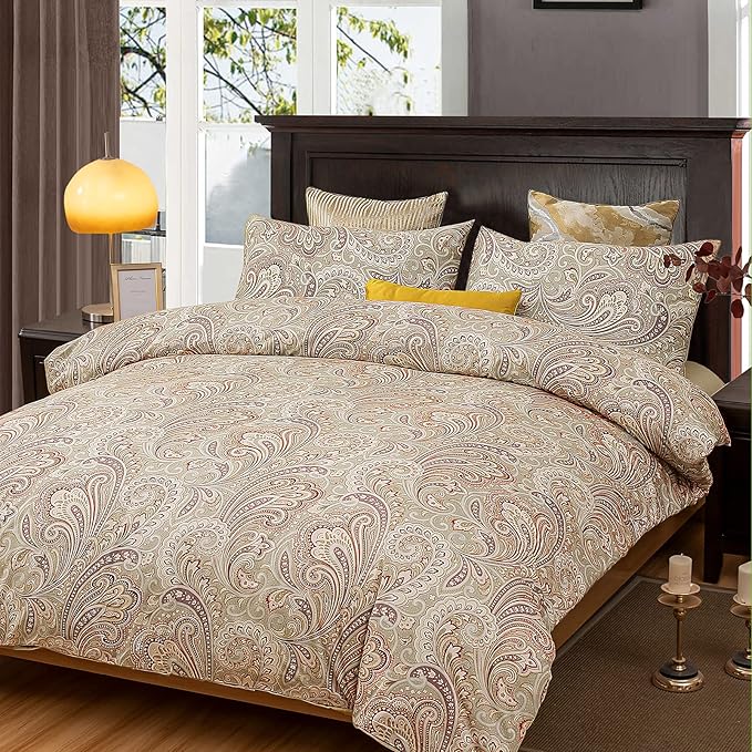 VM VOUGEMARKET Bohemian Damask Duvet Cover Queen,3 Pieces Boho Paisley Bedding Set,Silky Lightweight Egyptian Cotton Duvet Cover with Button Closure-Queen,Gold