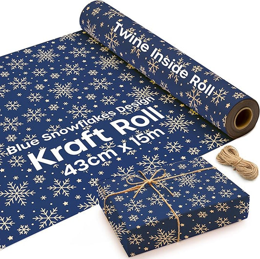 volila Brown Paper Roll - Kraft Paper Roll for Gift Wrapping Flower Boquet Craft Supplies - Wrapping Paper for Moving Packing Paper (Blue Snowflakes)