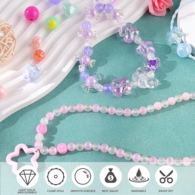 Assorted 400-450PCS Acrylic Beads for Bracelet Making, Flower Bow Candy GummyBear Kawaii Beads,Cute Bead for Jewelry Making DIY Necklace Keychain Phone Charms Christmas Gift(6 Colors)