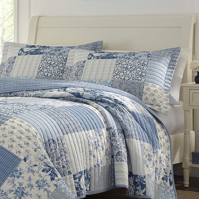 Laura Ashley - Queen Quilt Set, Soft & Reversible Cotton Floral Bedding with a Medium Weight Feel, 3 Piece Bed Set with Matching Pillowcases (Paisley Printed Patchwork Blue)