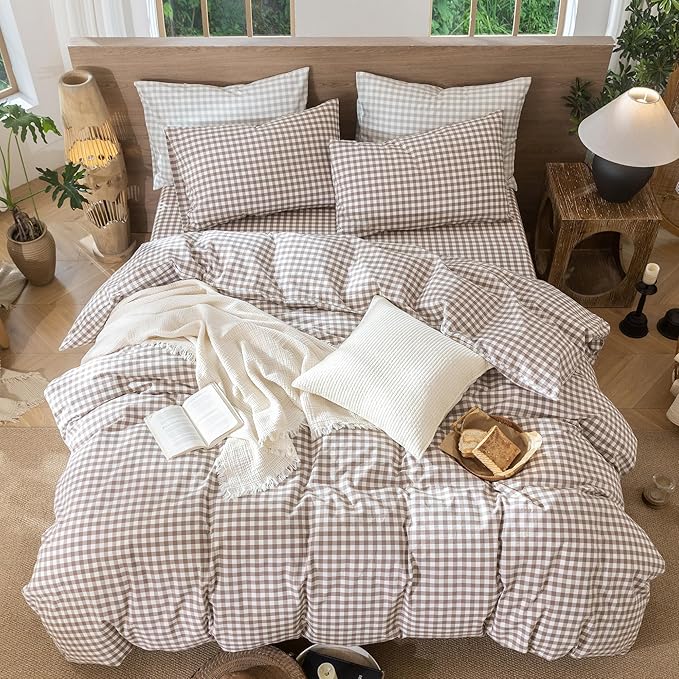 MooMee Gingham Duvet Cover Set 100% Washed Cotton Linen Like Textured Breathable Durable Soft Comfy Modern Checkered Design (Brown Gingham, Palatial King/Oversized King 120"x98")