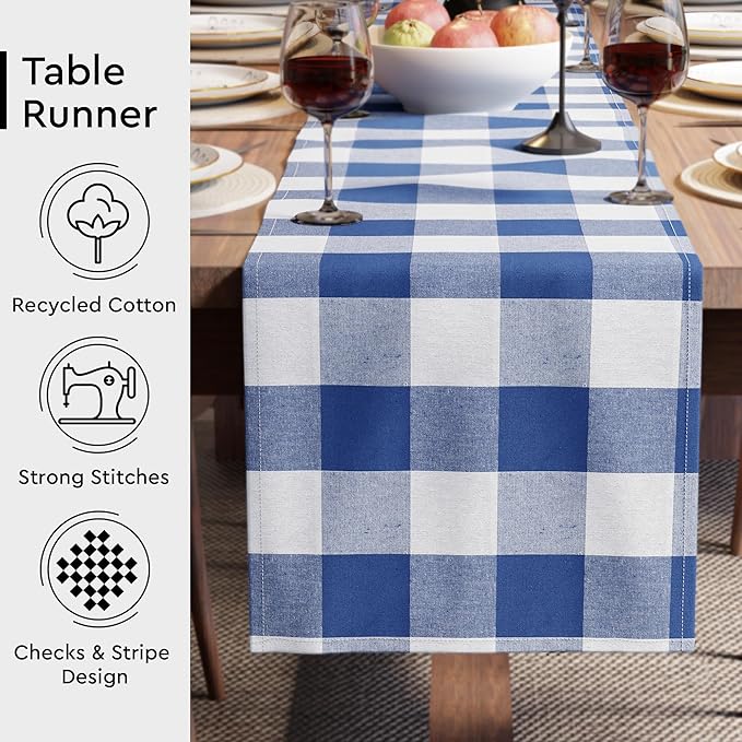Encasa XO Cotton Dining Table Runner | Buffalo Blue Checks | Size 13x72 in - Machine Washable & Durable