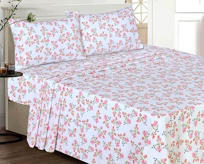 RUVANTI 100% Cotton Sheets Queen Size Set, 4 Pieces, Soft & Breathable Percale Weave Bedding, Deep Pocket 16", Hotel Standard, Crisp Cool Feeling, Durable, Perfect Floral Bed Sheet, Bloomex
