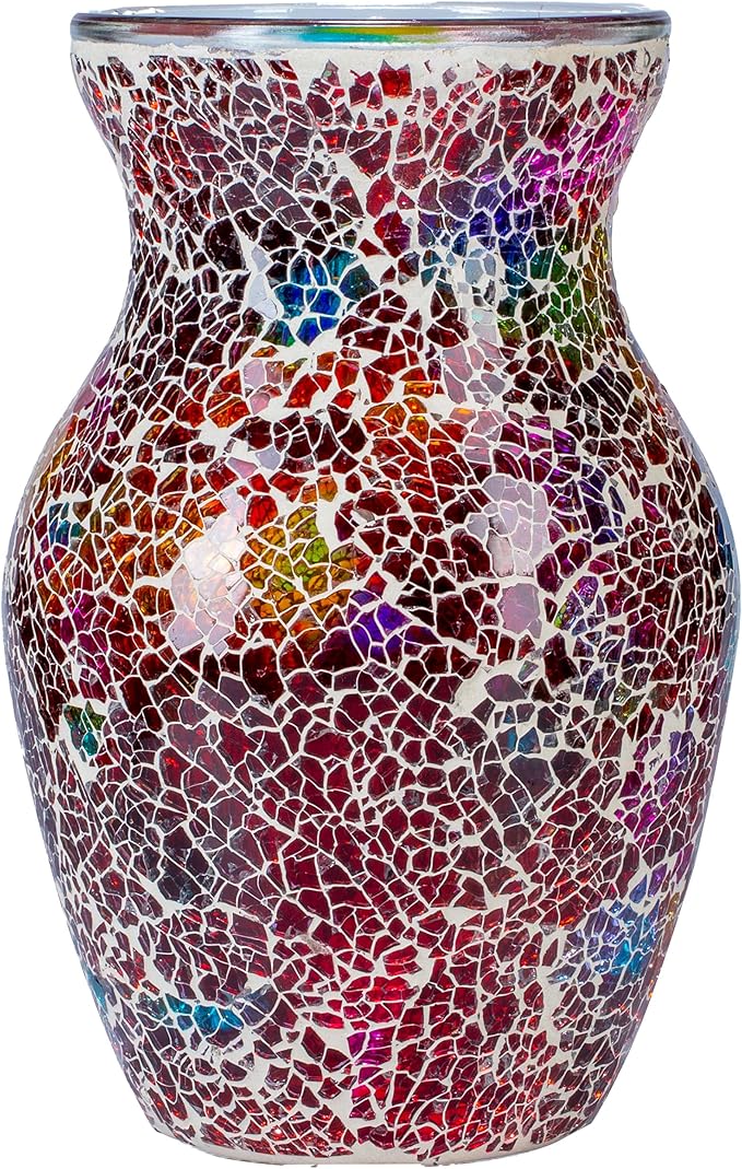 8" H Red Mosaic Glass Vase,Decor Home Modern Midsize Mosaic Flower Vase for Bedroom Livingroom Kitchen Office Wedding,Unique Gift