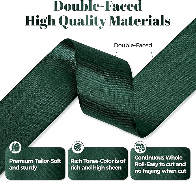 Hunter Green Satin Ribbon, Double Faced 1-1/2 Inch X 25 Yards, Premium Satin Ribbon for Gift Wrapping, Crafts, Hair Bow Making, Sewing, Flower Bouquet, Wedding Party Decor