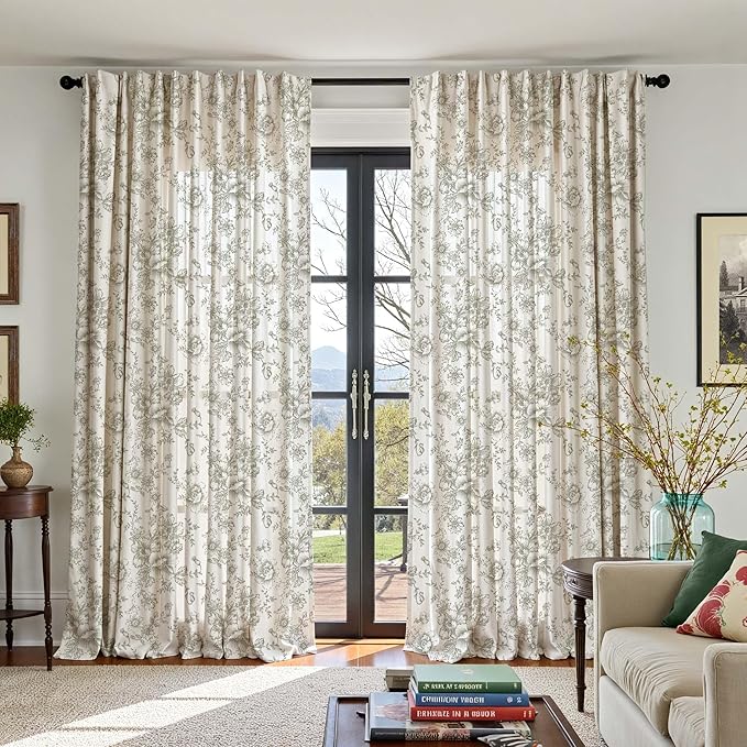 jinachan Linen Floral Curtains Extra Wide for Patio Sliding Glass Door Room Divider Curtain for Living Room Christmas Drapes 108 Inch Length Farmhouse Peony Green Printed Curtain Set 1 Panel