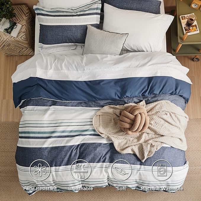 Bedsure Duvet Cover King Size - Reversible Striped Duvet Cover Set with Zipper Closure, 3 Pieces Blue Bedding Set with 8 Corner Ties and 2 Pillow Shams 20"x36"