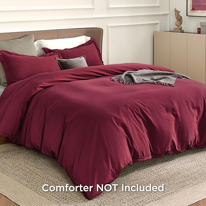 Bedsure Duvet Cover Queen Size - Soft Double Brushed Bedding Set for Kids & Adults, Zipper Closure, 3 Pieces, Includes 1 Duvet Cover (90"x90") & 2 Pillow Shams, NO Comforter, Burgundy