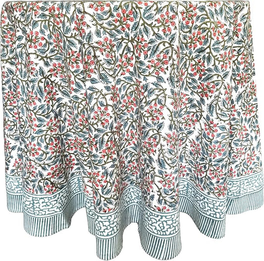 ATOSII Kalina 100% Cotton Round Tablecloth, Handblock Print Floral Table Cloth for Kitchen Dining Linen I Parties, Weddings, Outdoors, Christmas I Fall Home Decor 72" Inches Round