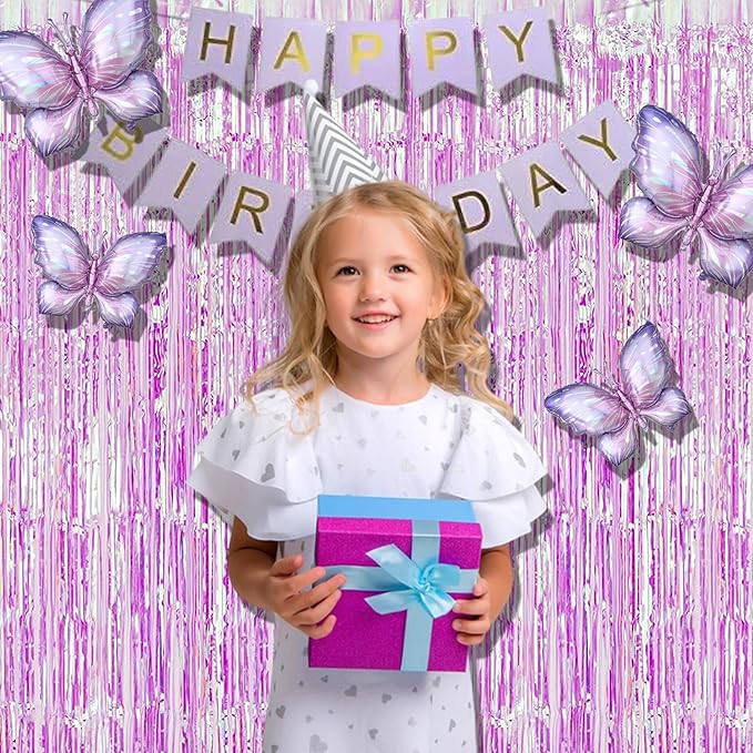 BRAVESHINE Iridescent Purple Foil Curtain - 2 Pack 3.2x6.5ft Holographic Party Streamers Tinsel Backdrop for Girl/Birthday/Valentine’s/Bachelorette/Engagement/Mermaid/Butterfly/Bridal Shower Decor