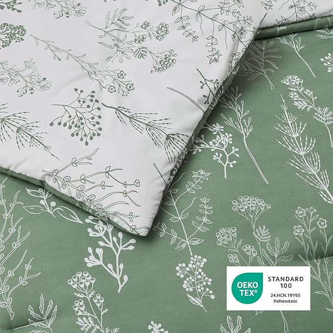 Bedsure Queen Comforter Set - Green Bed Set, 3 Pieces Cute Floral Bedding, 1 Soft Reversible Botanical Flowers Comforter and 2 Pillow Shams