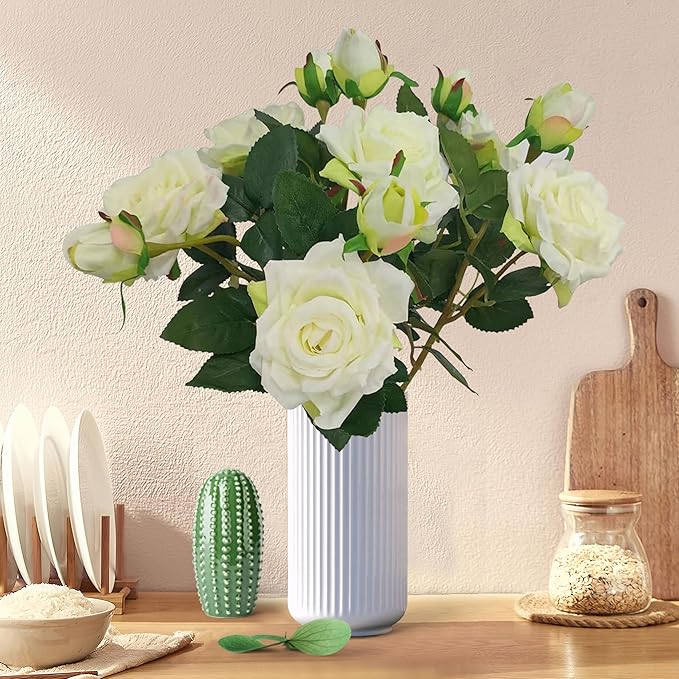 ATFL Ivory White Flowers, Ivory Roses,6 Pcs Faux Silk Real Touch Moisturizing Artificial Rose Flowers for Decoration DIY, Wedding Party, Home Office Decoration and Dining Table Centerpiece (6, White)