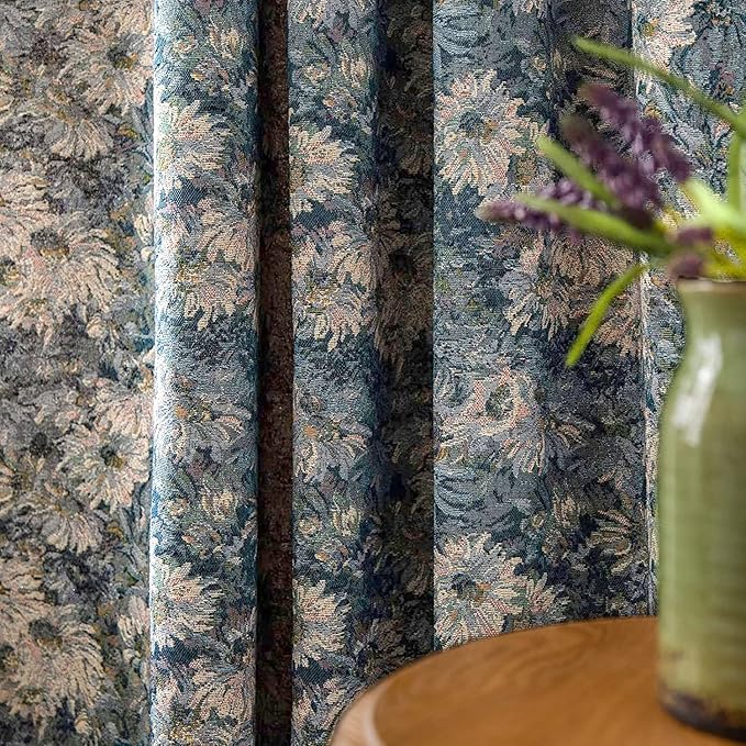 ENJOYBRIDAL Blue Floral Curtains 96 Inch Length 2 Panels Farmhouse Semi Sheer Drapes for Living Room Bohemian Rustic Rod Pocket Window Curtain Panels with Tassel Jacquard Bedroom Window Treatments