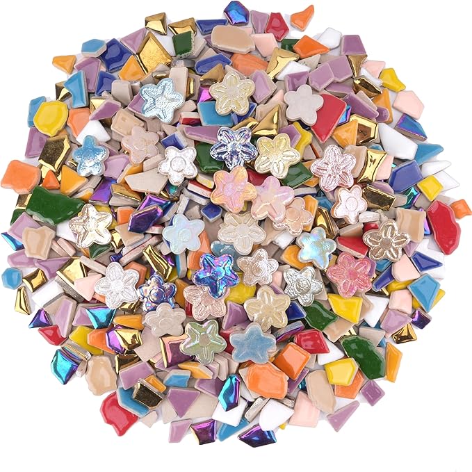 1.5 lb Ceramic Tiles for Mosaics – 580g Small Irregular Tiles + 100g Flower Mosaic Pieces, Mixed Sizes, Shapes & Vibrant Colors for DIY Crafts & Home Decor