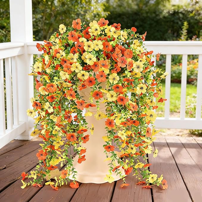 6 Bundles Artificial Fall Flowers for Outdoors Fake Plants Garden Home Fall Decor,UV Resistant Realistic Silk Faux Autumn Flower Indoor Outside Front Porch Patio Balcony Yard Farmhouse(Orange)