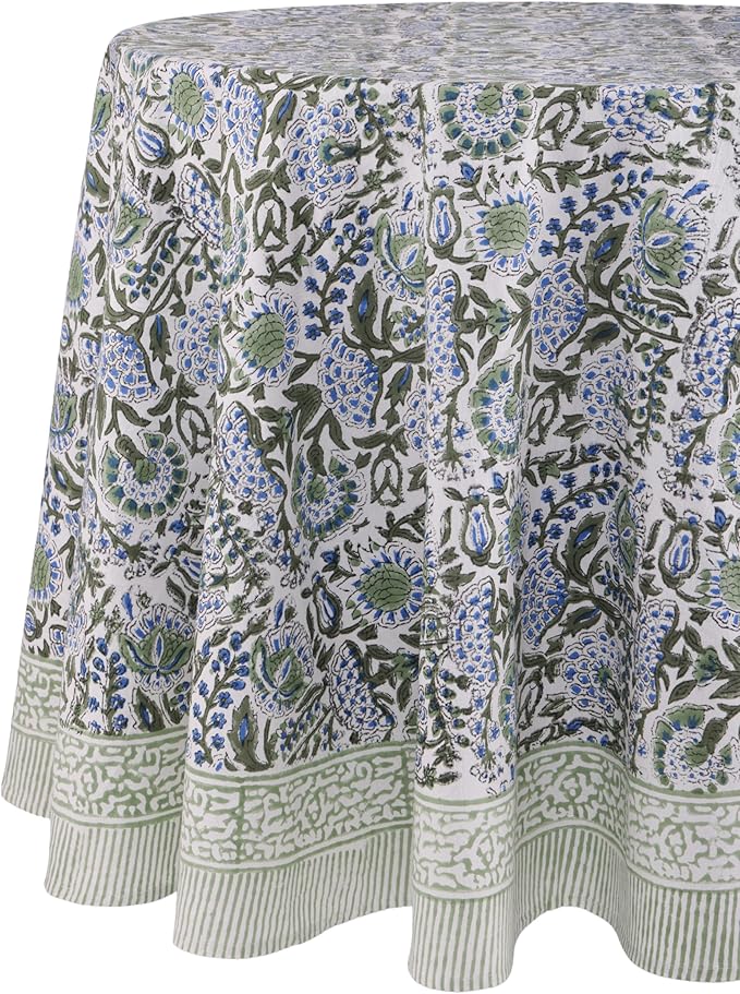 ATOSII Clover Blue 100% Cotton Round Boho Fall Tablecloth, Handblock Floral Table Cloth Linen for Kitchen Dining I Parties Weddings Outdoors Christmas Thanksgiving I 90" Inches Round I 6-8 Seater