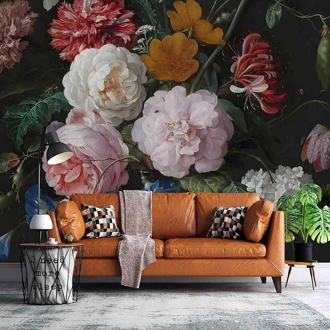 Wall Mural Peel and Stick Vintage Floral Mural- Thick Canvas Waterproof Wallpaper Art for Living Room Bedroom, Large Self-Adhesive Decor (Color-8, 118×82 inch)