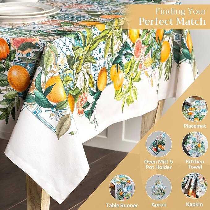 Maison d' Hermine Table Cloth Rectangle Table 100% Cotton 54 x 72 Inches Tablecloth Reusable Decorative Everyday Use for Dining Room, Farmhouse, Home, Party, Festive & Wedding Spring Summer - Agrume