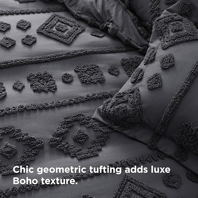 Bedsure Boho Duvet Cover Queen Size - Dark Grey Tufted Boho Bedding, Farmhouse Shabby Chic Embroidery Bedding for All Seasons, 3 Pieces, 1 Soft Jacquard Queen Comforter Cover and 2 Pillow Shams