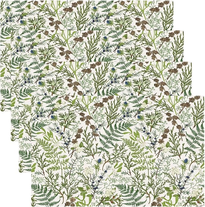 Retro Botanical Placemats Set of 4, 17x12 Inch Rustic Farmhouse Green Leaves Vintage Plants Aesthetic Table Mats for Home Party Kitchen Dining Decor