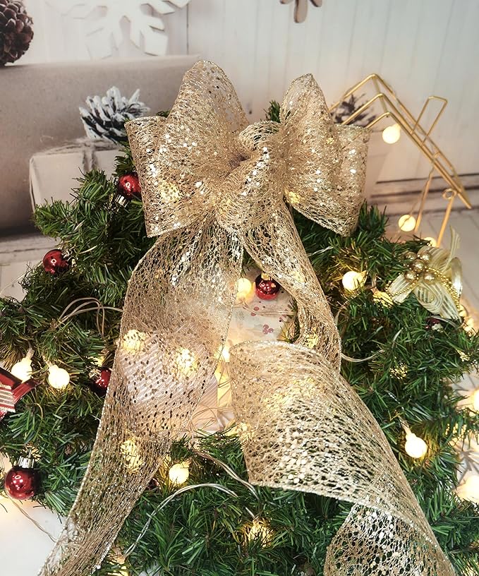 CT CRAFT LLC Sparkling Glitter Mesh Wired Ribbon 4" x 10 Yards Champagne Gold for Christmas Home Decor Bow Gift Wrapping DIY Crafts Wreath