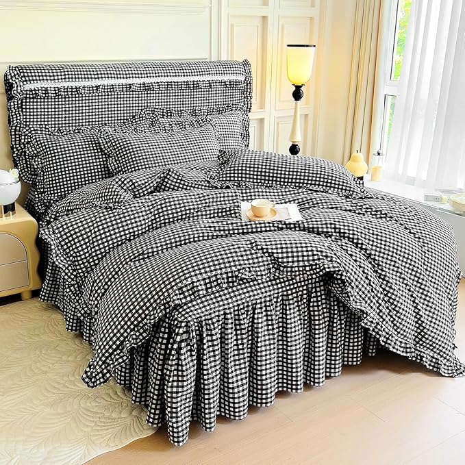 LifeTB Black Gingham Comforter Set King Ruffle Checkered Plaid Comforter Set 3 Pieces Boho Grid Bed Comforter with 2 Pillowcases Fluffy Soft Vintage Checkered Lightweight Gingham Bedding Set King