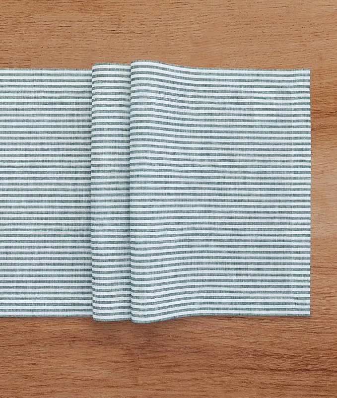 Solino Home Linen Table Runner 90 Inches Long - Narrow Stripe, 100% Pure Linen Rainforest and White Farmhouse Table Runner 14 x 90 Inch for Dining, St Patricks Day