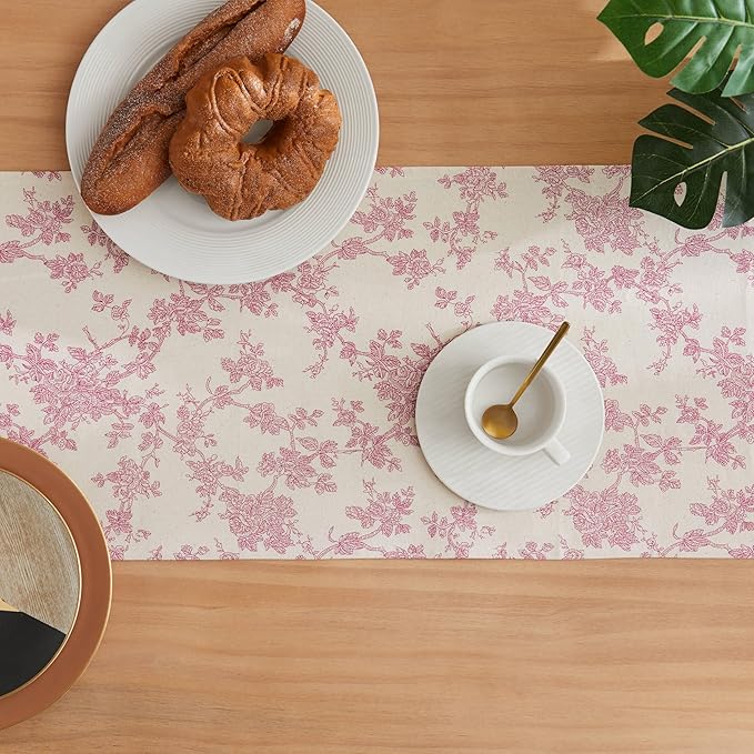 100% Cotton French Pastoral Table Runners, 13x108 Inch Pink Farmhouse Table Runners 108 Inches Long, Vintage Flowers Print Home Decors