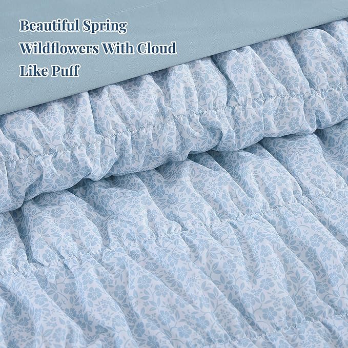 Queen Comforter Set - 7 Pieces Blue Classic Puff Floral Bedding Sets for All Seasons, Shabby Chic Farmhouse Bed in a Bag Queen with Wildflowers Fluffy Comforter, Sheets, Pillowcases & Shams
