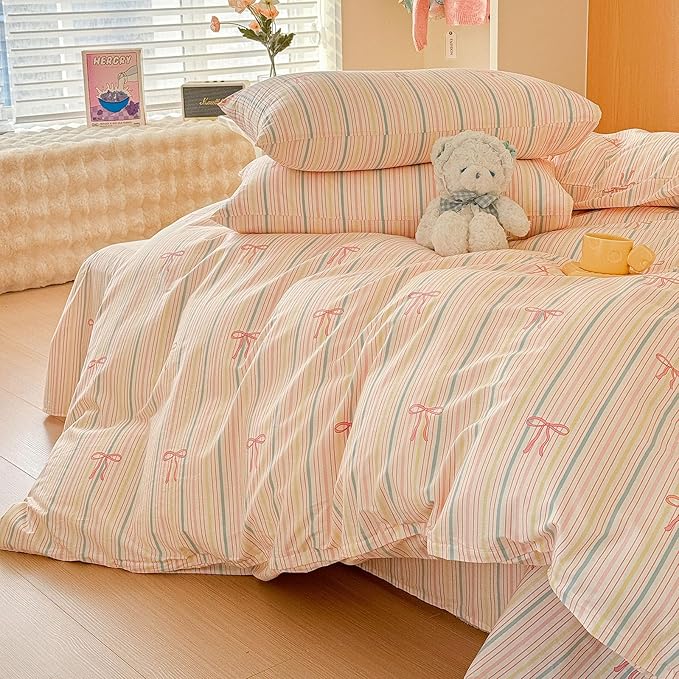 AOJIM Pink Bow Duvet Cover Set 3PCS for Girls Boys, 1 Soft Breathable Cotton Comforter Cover Twin XL Size and 2 Matching Pillowcases, Rainbow Striped Bedding Duvet Cover Set for Room Decor, No Duvet