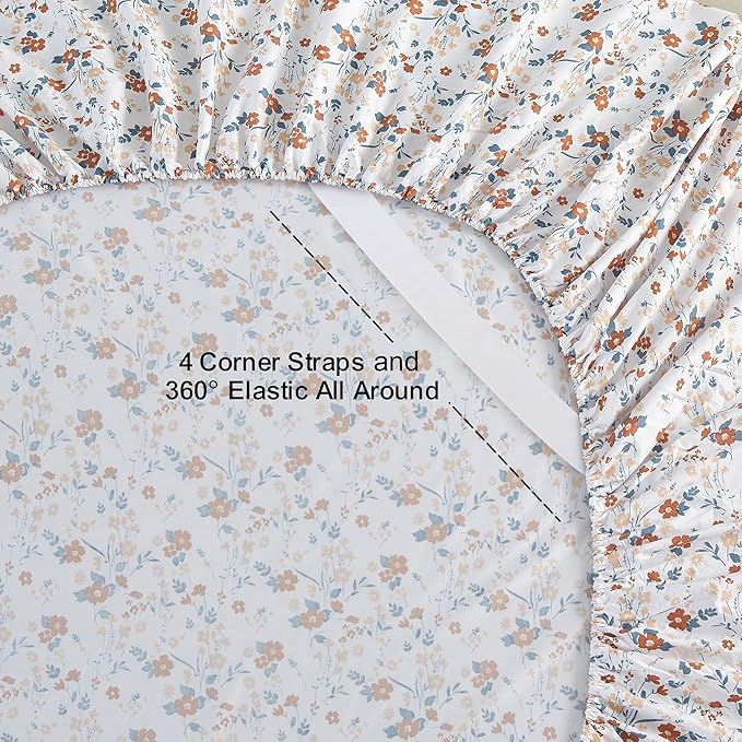 Softan Floral Full Sheet Set, Orange Flower Printed Bed Sheets - 4 Piece Soft Microfiber Patterned Fitted Sheets with 15" Deep Pocket & Non-Slip Straps, Cute Flower Sheets & Pillowcase Set