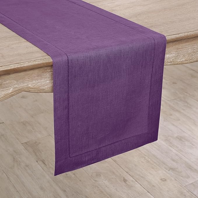 Solino Home Linen Purple Table Runner 156 Inches Long - 100% Pure Linen Extra Long Table Runner 14 x 156 Inch for Valentines, Spring, Easter - Classic Hemstitch