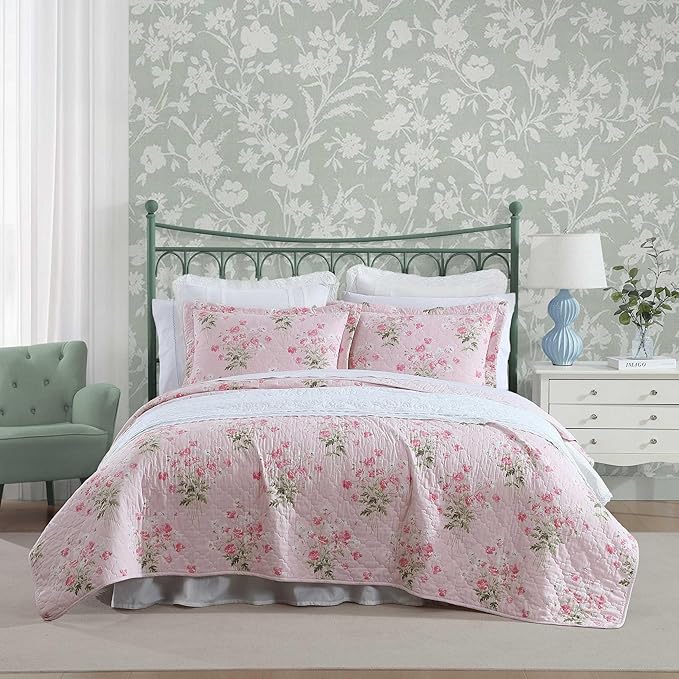 Laura Ashley - King Quilt Set, Reversible Premium Bedding with Matching Shams, Coquette Room Decor (Veronicas Bouquet Pink, King)