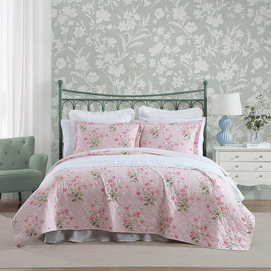 Laura Ashley - King Quilt Set, Reversible Premium Bedding with Matching Shams, Coquette Room Decor (Veronicas Bouquet Pink, King)