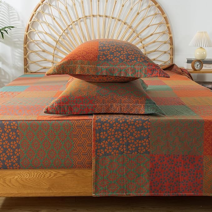 FADFAY Grid Sheets Set Queen Vintage Checkered Floral Bedding Shabby Geometry Farmhouse Bedding Super Soft Washed Double -Layer Muslin Sheets 100% Cotton Deep Pocket Fitted Sheet 4Pcs, Queen Size