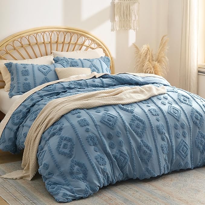 Bedsure Boho Duvet Cover King - Dusty Blue Tufted Boho Bedding, Farmhouse Shabby Chic Embroidery Bedding for All Seasons, 3 Pieces, 1 Soft Jacquard King Comforter Cover and 2 Pillow Shams