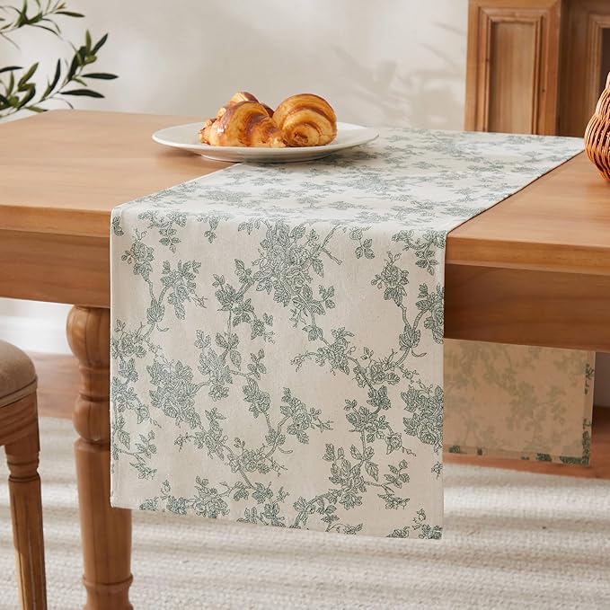 100% Cotton French Pastoral Table Runners, 13x60 Inch Vintage Green Farmhouse Table Runners 60 Inches Long, Vintage Flowers Print Home Decors