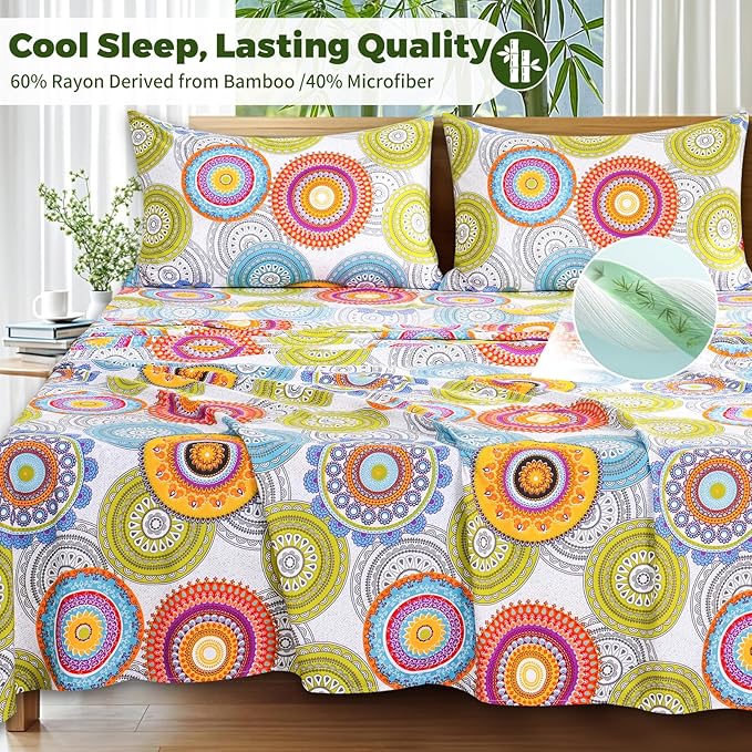 Bedlifes Extra Deep Pocket 18-24" Queen 4-Piece Sheet Set - Cooling Sheets Blend Rayon Derived from Bamboo Soft & Breathable,Featuring Mandala Patterned