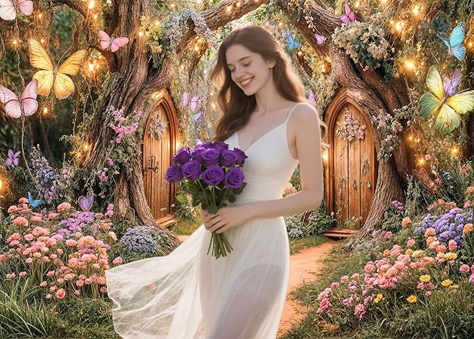 10X8ft Enchanted Forest Backdrop Fairy Tale Magic Garden Wonderland Floral Butterfly Photography Background for Kids Girls Baby Shower Birthday Party Decoration Cake Table Photo Booth Props