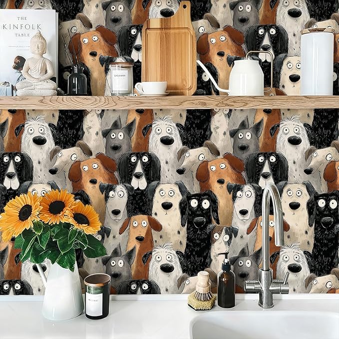 Cute Animal Peel and Stick Contact Paper Funny Modern Dog Funky Removable Wallpaper 17.7" x 118.11" Wall Paper Watercolor Self Adhesive for Classroom Bedroom Laundry Room Bathroom