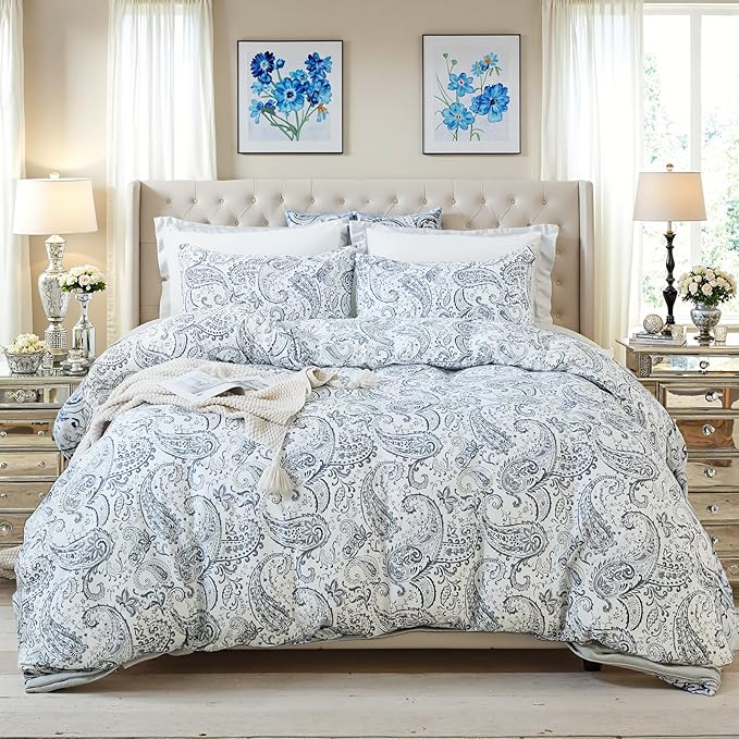 100% Cotton Duvet Cover Sets Queen Size, 3 Pieces Reversible Soft Bedding Sets,Blue Floral Paisley Comforter Cover, Breathable, Lightweight, All Season
