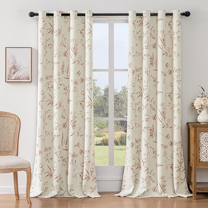 ChrisDowa Beige 100% Blackout Floral Curtains 96 Inches Long 2 Panels for Bedroom Living Room Brown Flower Patterned Room Darkening Thermal Insulated Soundproof Grommet Window Treatments Drapes,52X96