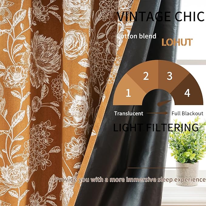 Printed Peony Floral Blackout Curtains for Bedroom- Vintage Orange Bloom Pattern on Cotton Blend Fabric with Grommet Top, 52W x 84L