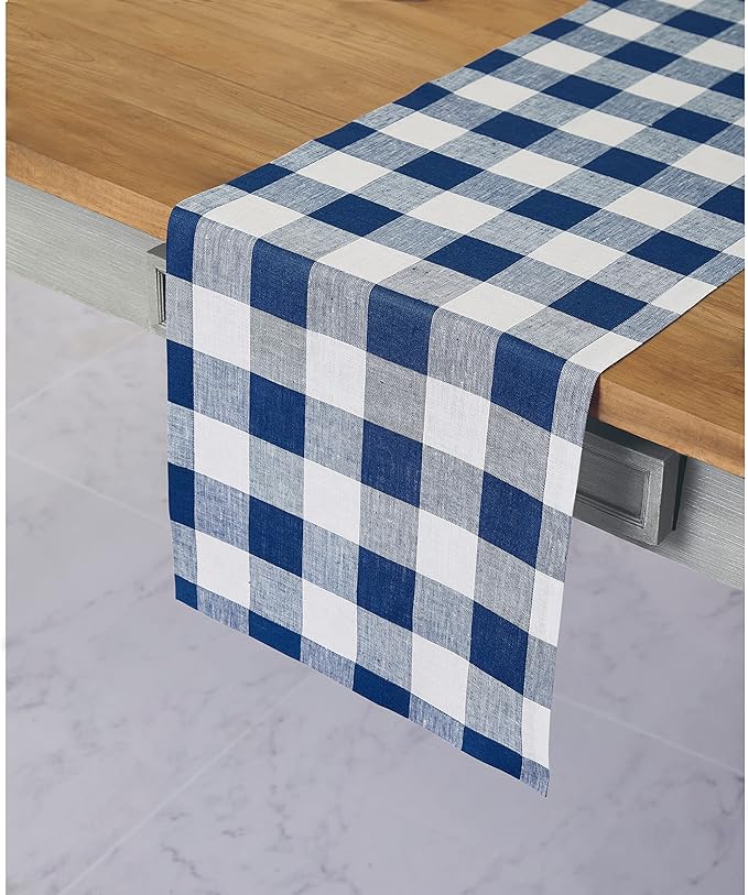 Solino Home Linen Checkered Table Runner 60 Inches - 100% Pure Linen Blue and White Buffalo Check Short Table Runner 14 x 60 Inch Ideal for Dresser and Coffee Tables - Winter, Spring, Easter